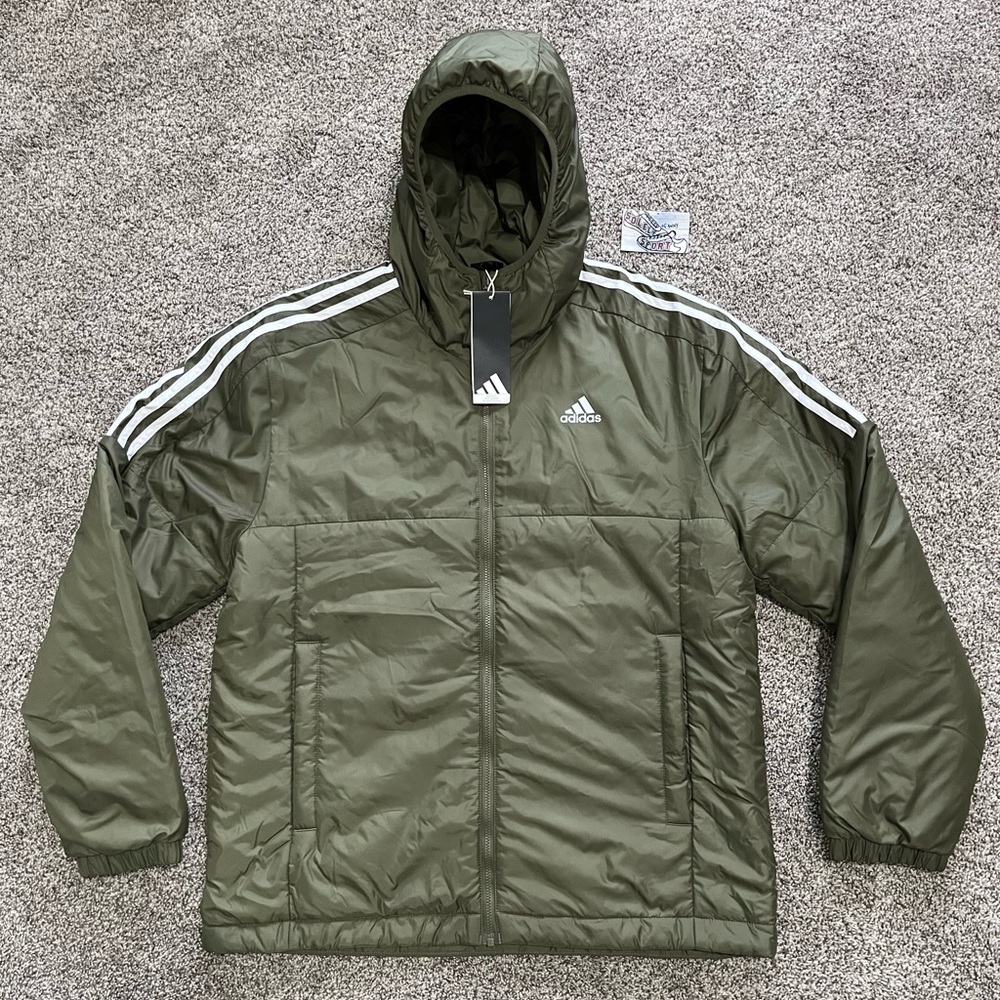 New Adidas Essentials 3 Stripe Insulated Hoodie Jacket Olive Green Mens Size